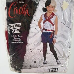 Disney Cruella Estella Costume Kids XL 14-16 Romper Wrist Cuffs Tights 4pc Set